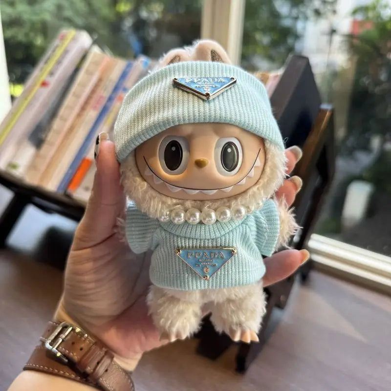 Knitted Labubu Doll Clothes Set – Includes Hat, Pearl Necklace & Outfit | Cute Accessories for Labubu Dolls
