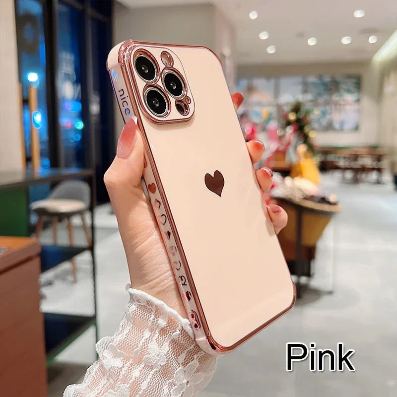 Electroplated Love Heart Case – iPhone 11–16 Series | MyPhoneAura