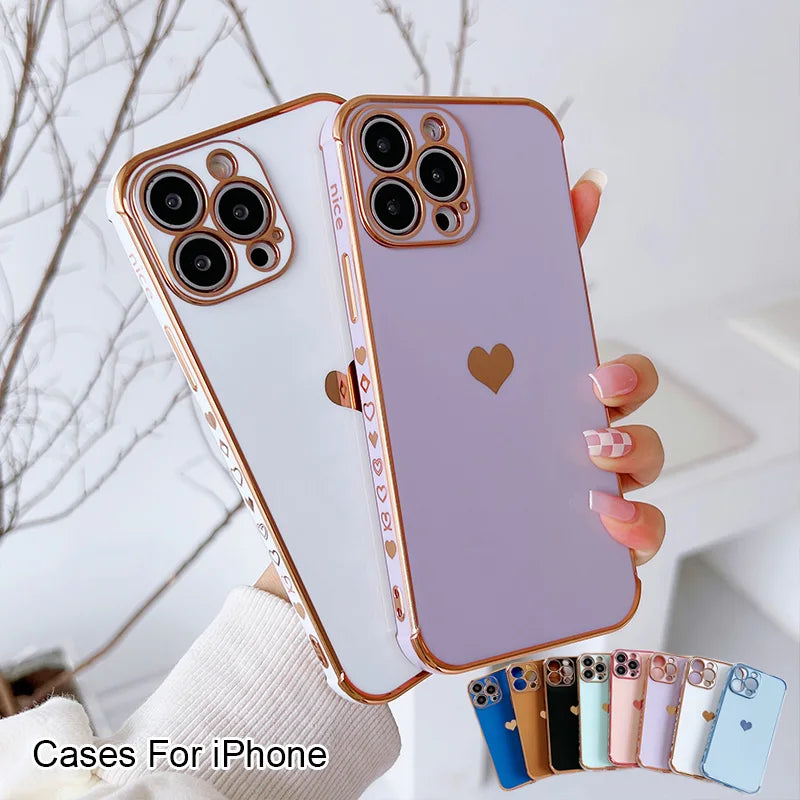 Electroplated Love Heart Case – iPhone 11–16 Series | MyPhoneAura
