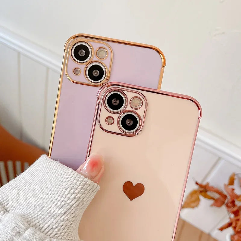 Electroplated Love Heart Case – iPhone 11–16 Series | MyPhoneAura