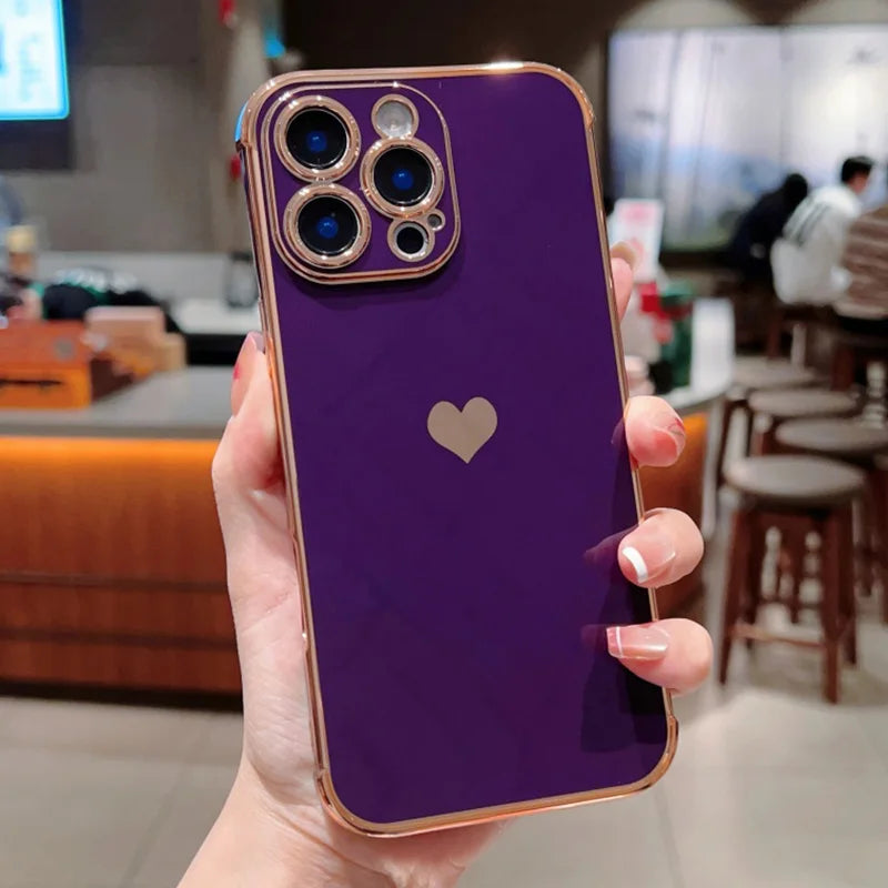 Electroplated Love Heart Case – iPhone 11–16 Series | MyPhoneAura